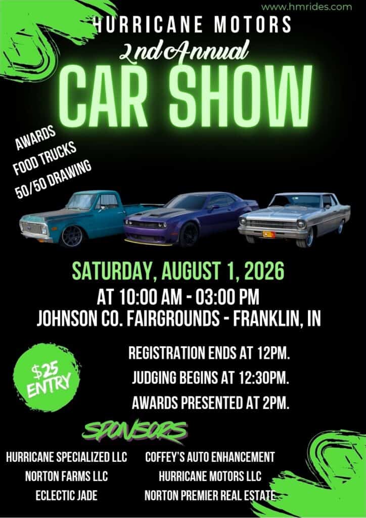 Hurricane Motors Car Show event at Johnson County Fairgrounds in Franklin, IN on August 1, 2026