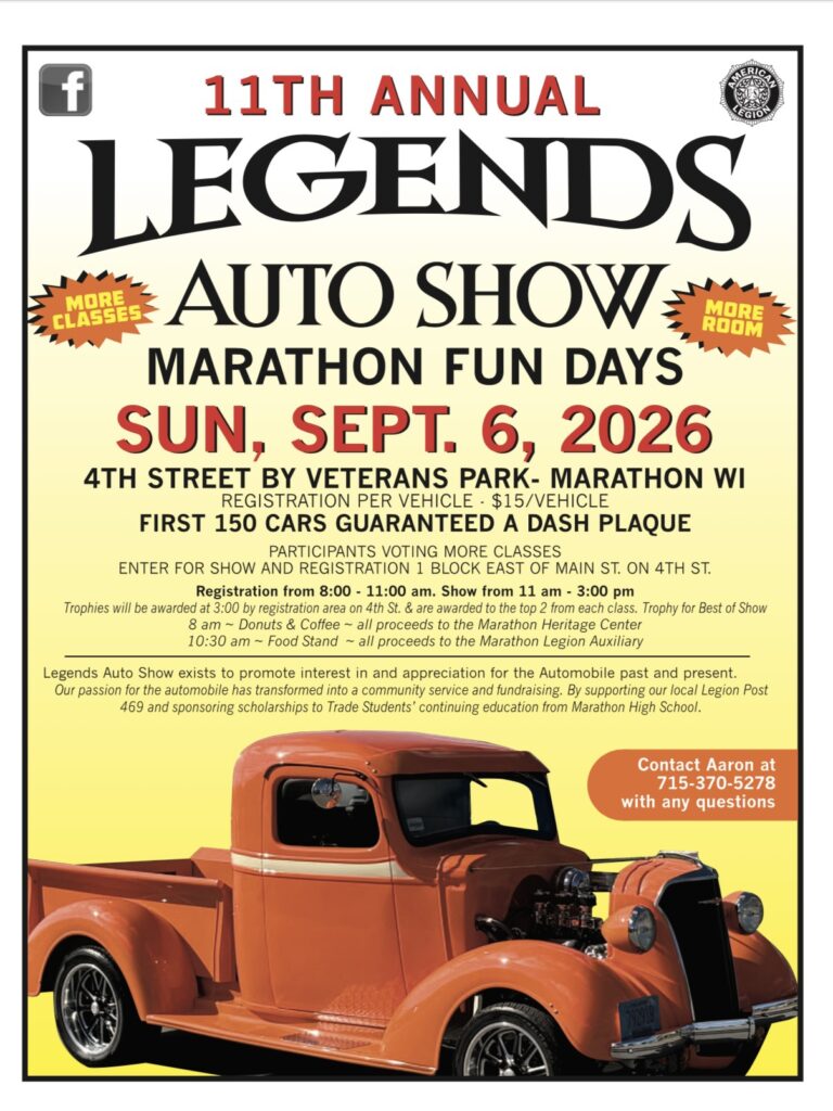 Marathon Legion Post 469 11th Annual Legends Auto Show event at Veterans Park in Marathon, WI on September 6, 2026