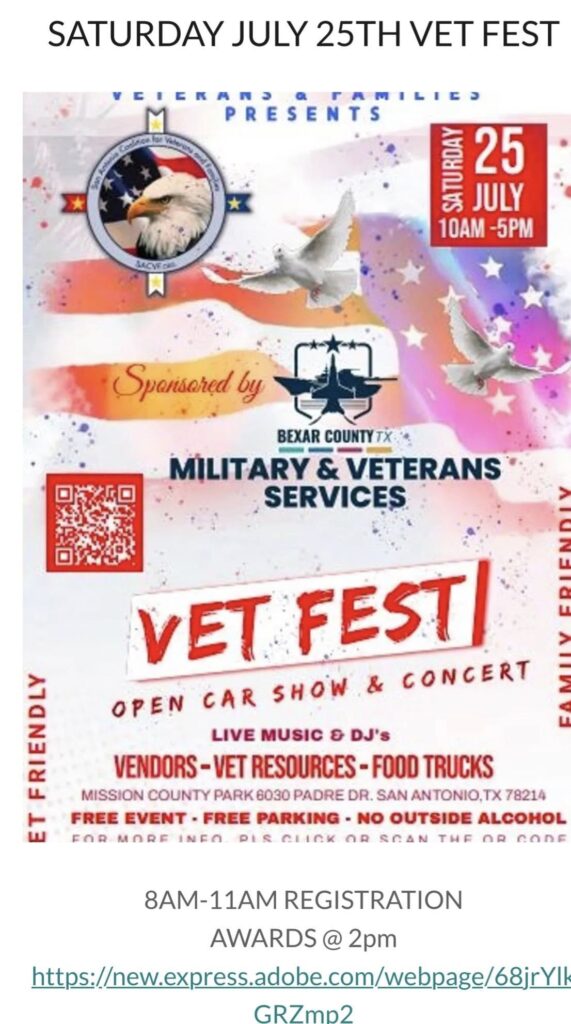 Bexar County Military & Veterans Services Vet Fest Open Car Show & Concert event at Mission County Park in San Antonio, TX on July 25, 2026