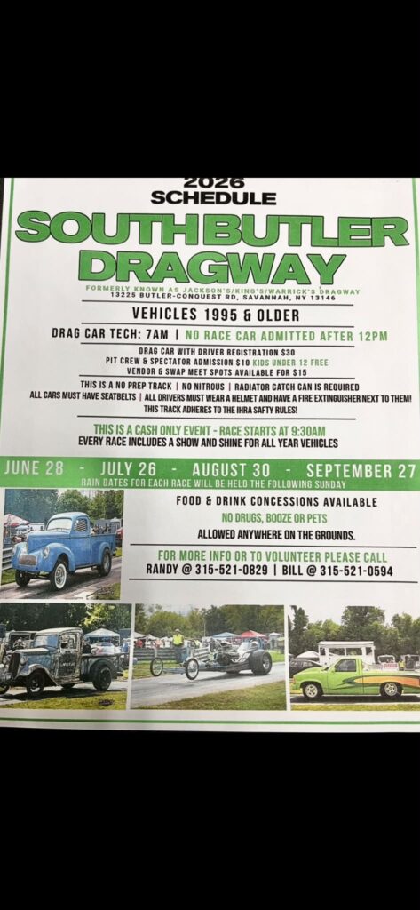 South Butler Dragway Drag Race event at South Butler Dragway in Savannah, NY on July 26, 2026