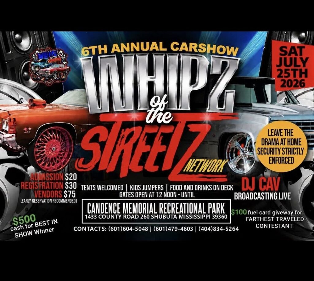 6th Annual Whipz Car Show event at Candence Memorial Recreational Park in Shubuta, MS on July 25, 2026