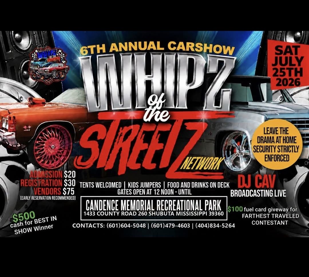 6th Annual Whipz Car Show event at Candence Memorial Recreational Park in Shubuta, MS on July 25, 2026