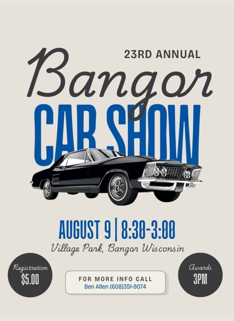 Bangor 23rd Annual Car Show event at Village Park in Bangor, WI on August 9, 2026