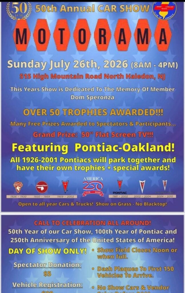 Jersey Region Pontiac-Oakland Club of America 50th Annual Motorama Car Show event at 515 High Mountain Road in North Haledon, NJ on July 26, 2026