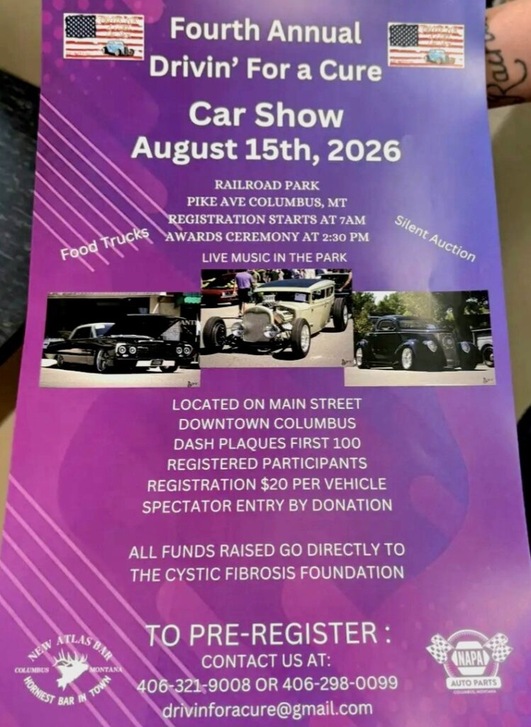 New Columbus Horniest Atlas Fourth Annual Drivin' for a Cure Car Show event at Railroad Park in Columbus, MT on August 15, 2026