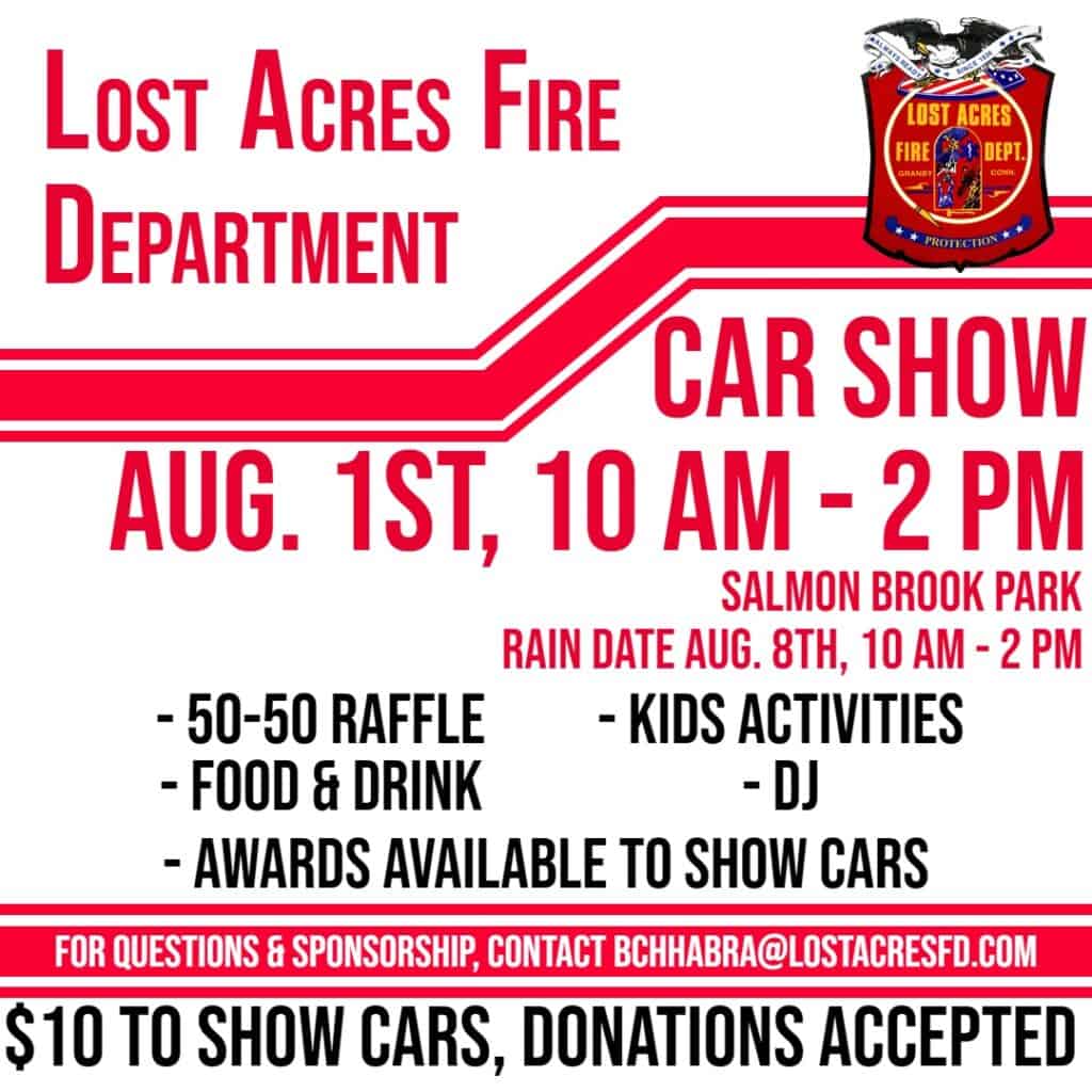 Lost Acres Fire Department Car Show event at Salmon Brook Park in Granby, CT on August 1, 2026