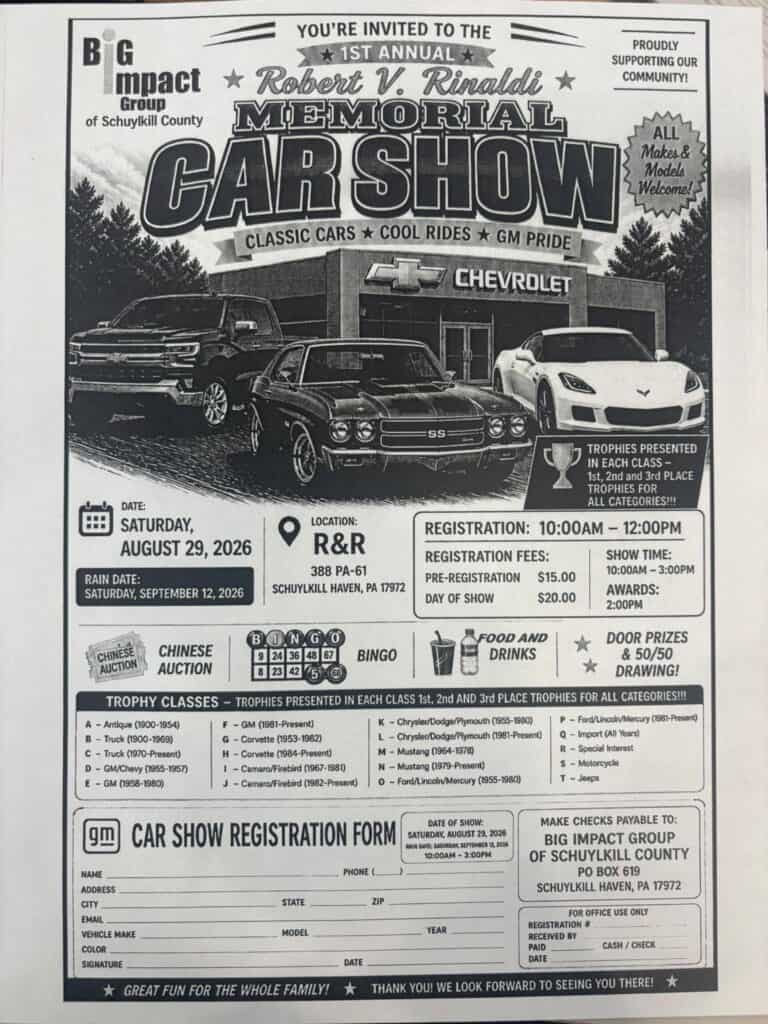 1st Annual Robert V Rinaldi Memorial Car show benefiting The Big Impact Group of Schuylkill county