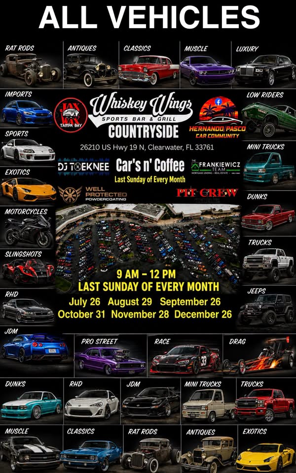 727 Cars and Coffee at Whiskey Wings Countryside event at Whiskey Wings Countryside in Clearwater, FL on July 26, 2026