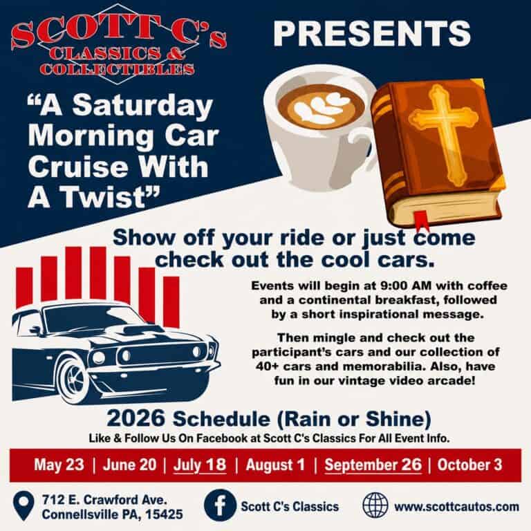 Scott C’s Classics & Collectibles Cars, Coffee & Christ car show in Connellsville, PA