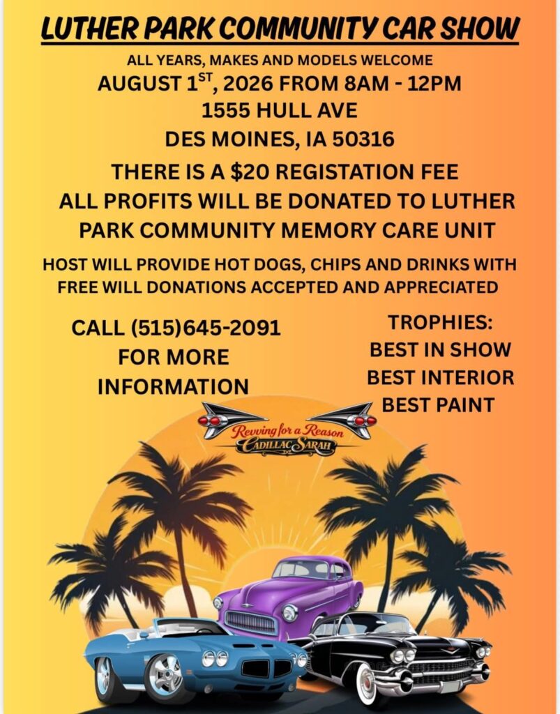 Luther Park Community Car Show event at Luther Park Community in Des Moines, IA on August 1, 2026