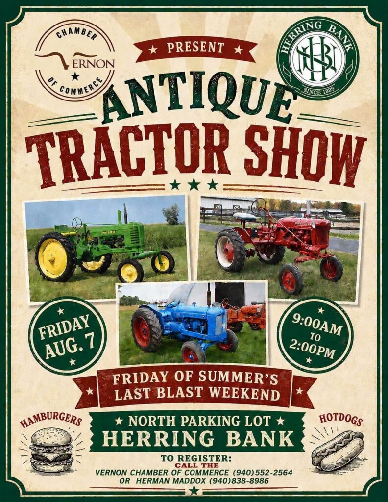 The Vernon Chamber of Commerce and Herring Bank Antique Tractor Show event at Herring Bank in Vernon, TX on August 7, 2026