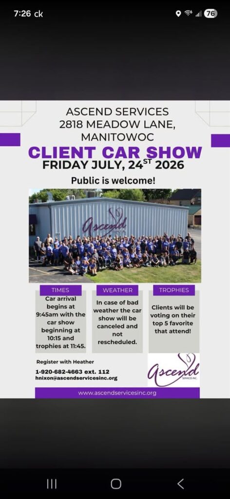 Ascend Services Client Car Show event at Ascend Services in Manitowoc, WI on July 25, 2026