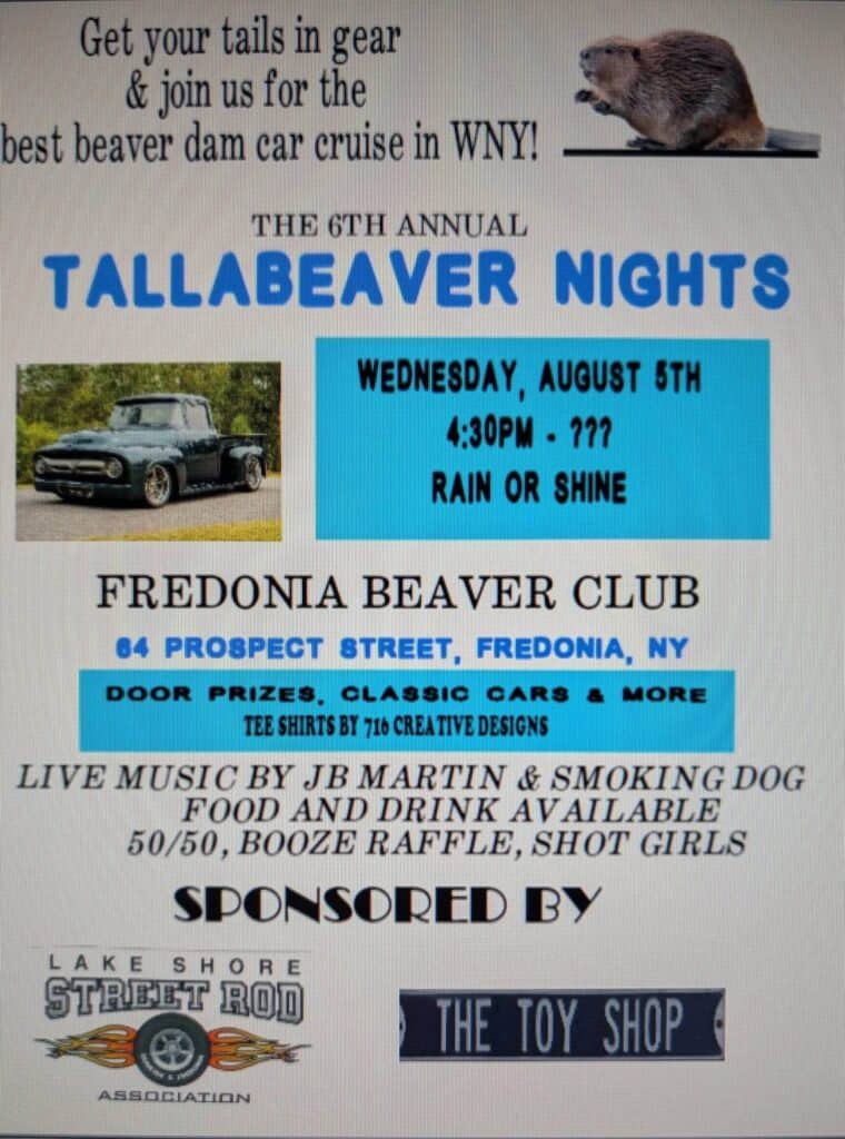 Annual Tallabeaver Nights Car Cruise event at Fredonia Beaver Club in Fredonia, NY on August 5, 2026