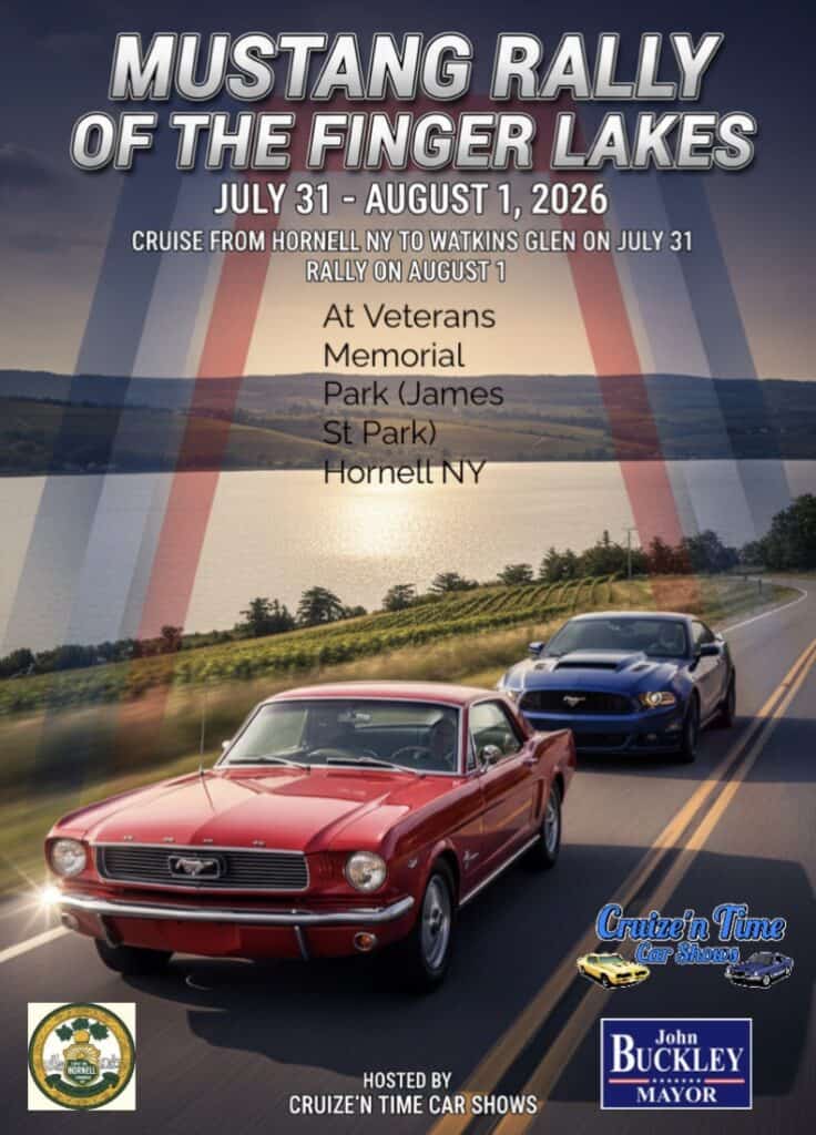Mustang Rally of the Finger Lakes event at Veterans Memorial Park in Hornell, NY on August 1, 2026