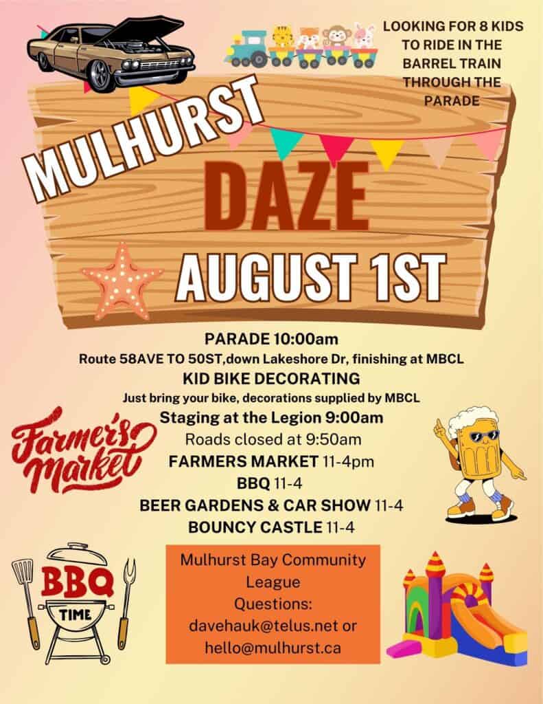Mulhurst Daze event at Mulhurst Bay Community League in Mulhurst Bay, AB on August 1, 2026