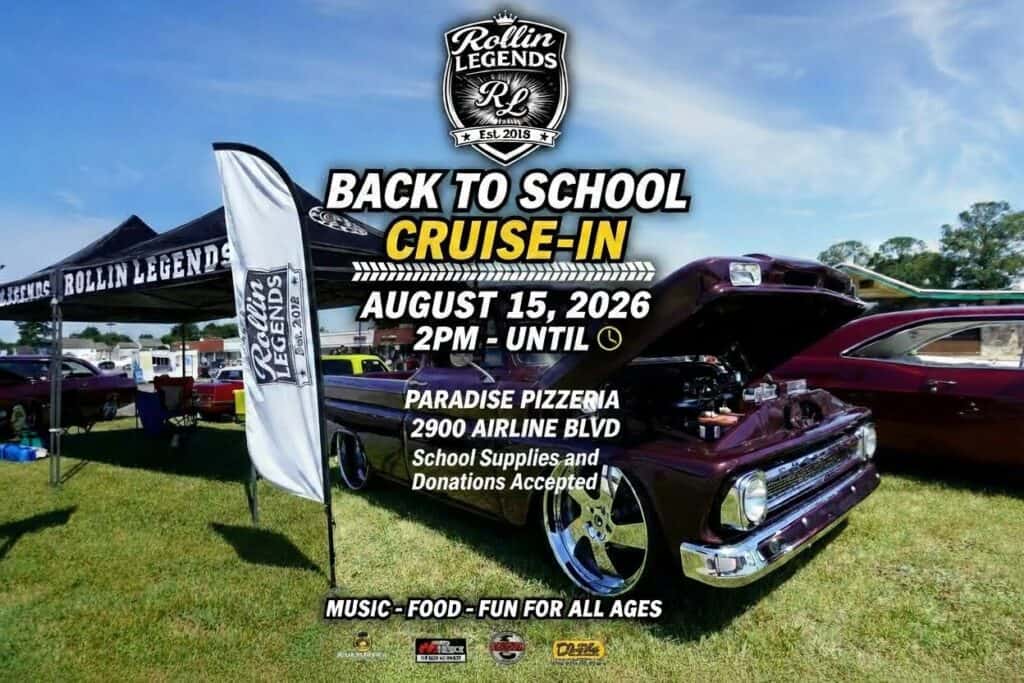 Rollin Legends Back to School Cruise-In event at Paradise Pizzeria in Portsmouth, VA on August 15, 2026