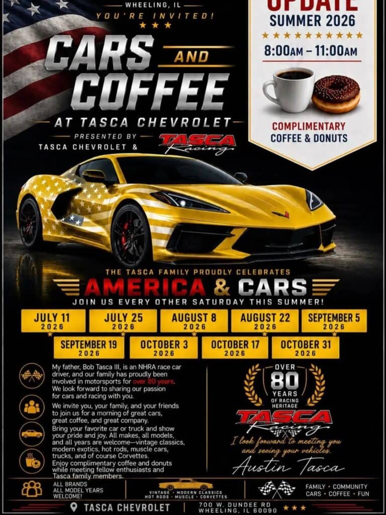 Tasca Chevrolet Cars and Coffee event at Tasca Chevrolet in Wheeling, IL on July 25, 2026