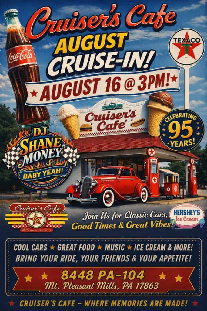 Cruiser's Cafe August Cruise-In event at Cruiser's Cafe in Mt. Pleasant Mills, PA on August 16, 2026