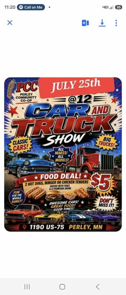 Perley Community Co-op Car and Truck Show event at Perley Community Co-op in Perley, MN on July 25, 2026