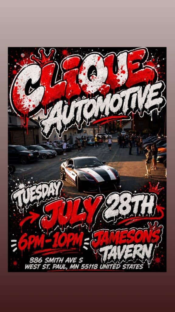 Clique Auto Tuesday at the Tavern event at Jamesons Tavern in West St. Paul, MN on July 28, 2026