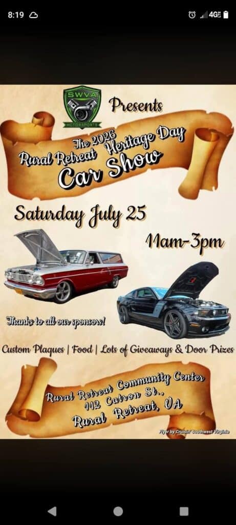 2026 Rural Retreat Heritage Day Car Show event at Rural Retreat Community Center in Rural Retreat, VA on July 25, 2026
