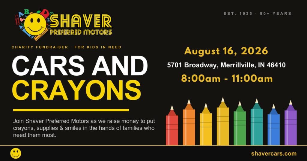Cars and Crayons event at Shaver Preferred Motors in Merrillville, IN on August 16, 2026