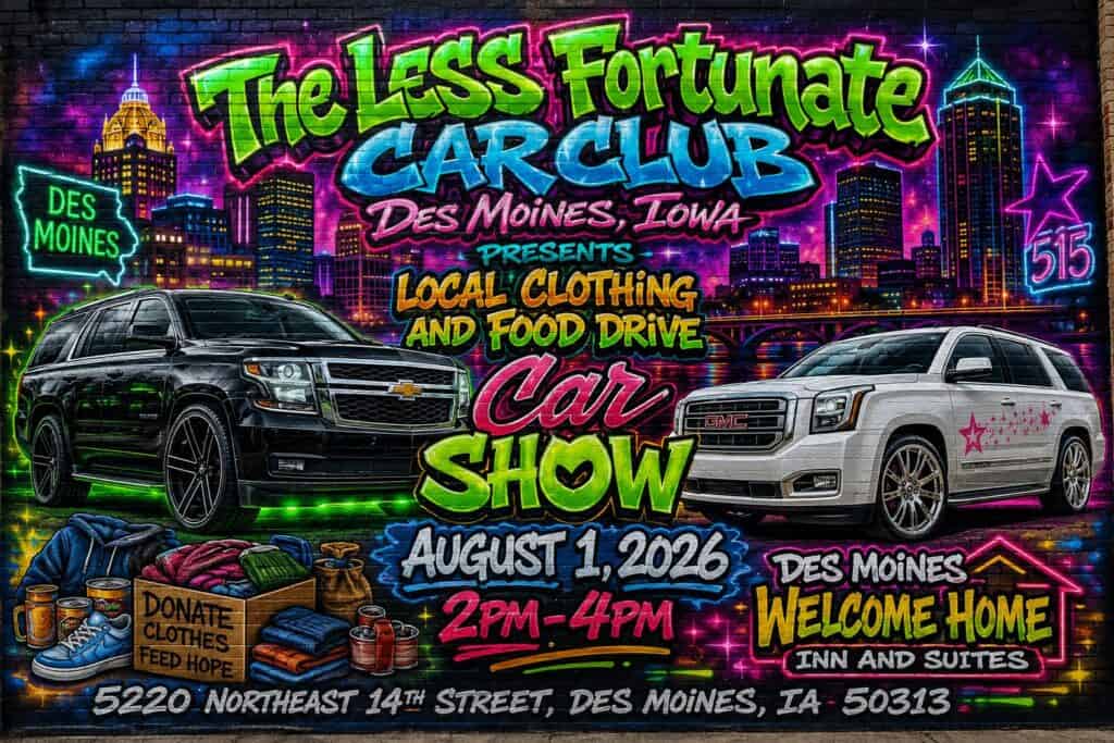 1st Annual Car & Bike Clothing and Food Drive event at 5220 NE 14th St in Des Moines, IA on August 1, 2026