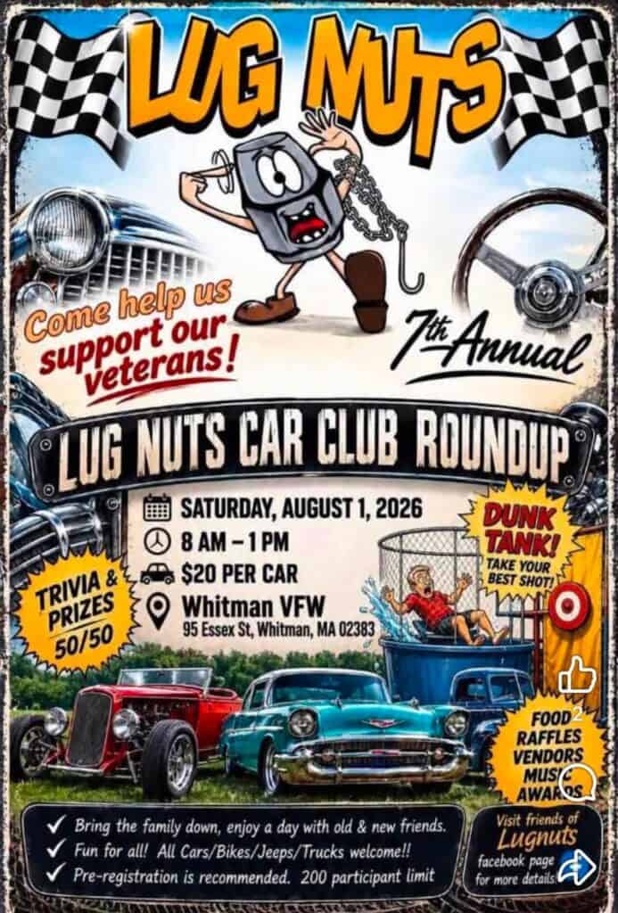 Lug Nuts Car Club 7th Annual Roundup event at Whitman VFW in Whitman, MA on August 1, 2026