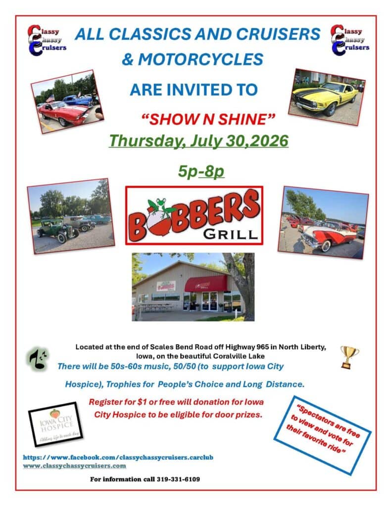 Classy Chassis Cruisers Show n Shine event at Bobbers Grill in North Liberty, IA on July 30, 2026