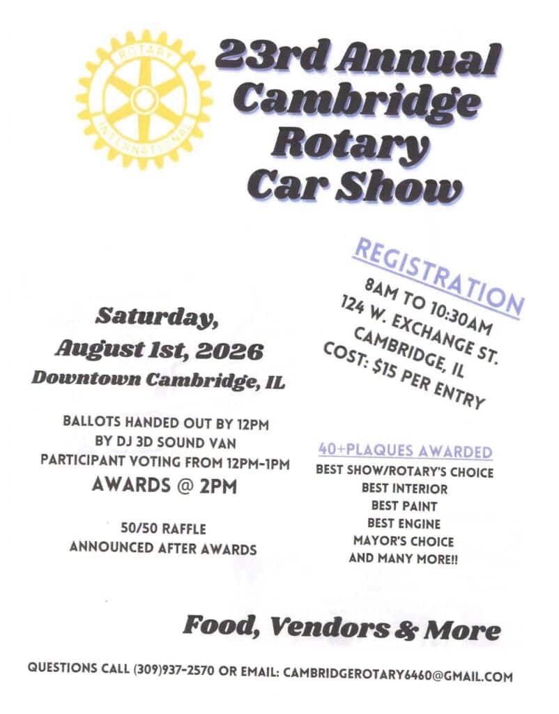 23rd Annual Cambridge Rotary Car Show event at 124 W. Exchange St. in Cambridge, IL on August 1, 2026