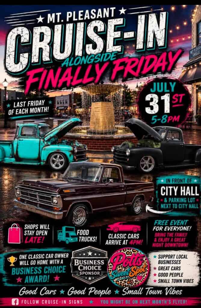 Mt. Pleasant Cruise-In Alongside Finally Friday event at City Hall in Mt. Pleasant, TN on August 28, 2026