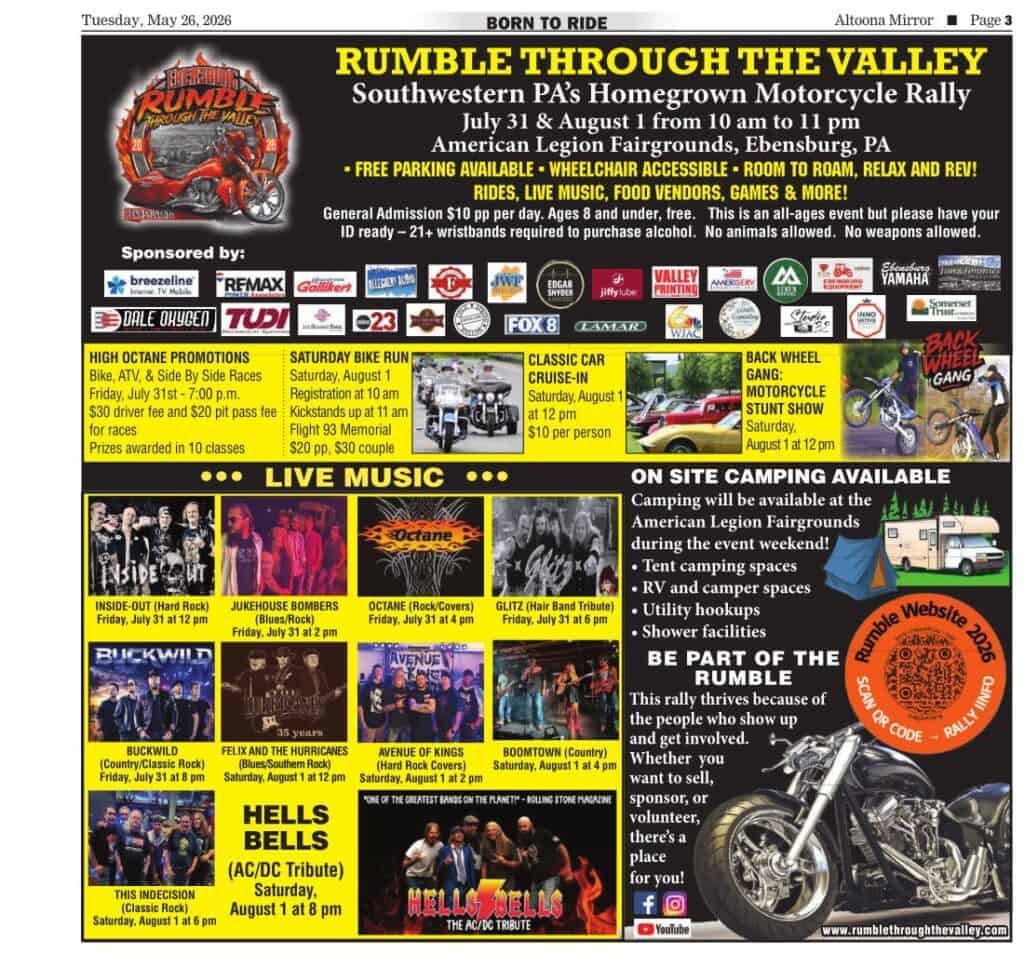 Rumble Through the Valley Southwestern PA's Homegrown Motorcycle Rally event at American Legion Fairgrounds in Ebensburg, PA on July 31, 2026