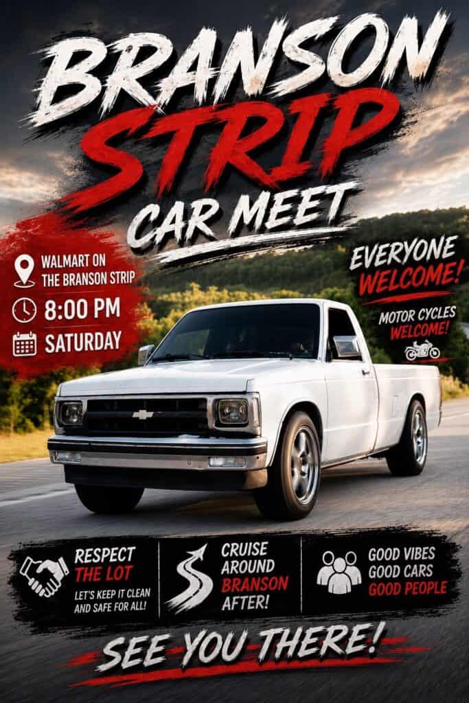 Branson Strip Car Meet event at Walmart on the Branson Strip in Branson, MO on August 2, 2026