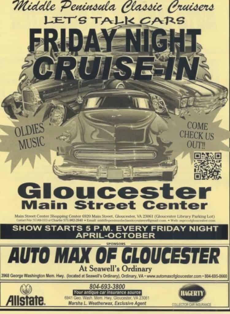 Middle Peninsula Classic Cruisers Let's Talk Cars Friday Night Cruise-In event at Main Street Center Shopping Center in Gloucester, VA on August 1, 2026