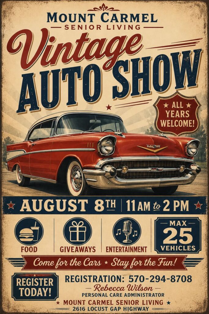 Mount Carmel Senior Living Vintage Auto Show event at Mount Carmel Senior Living in Mount Carmel, PA on August 8, 2026