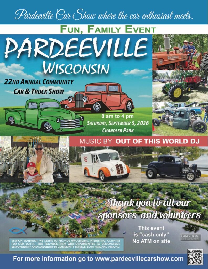 Pardeeville 22nd Annual Community Car & Truck Show event at Chandler Park in Pardeeville, WI on September 5, 2026
