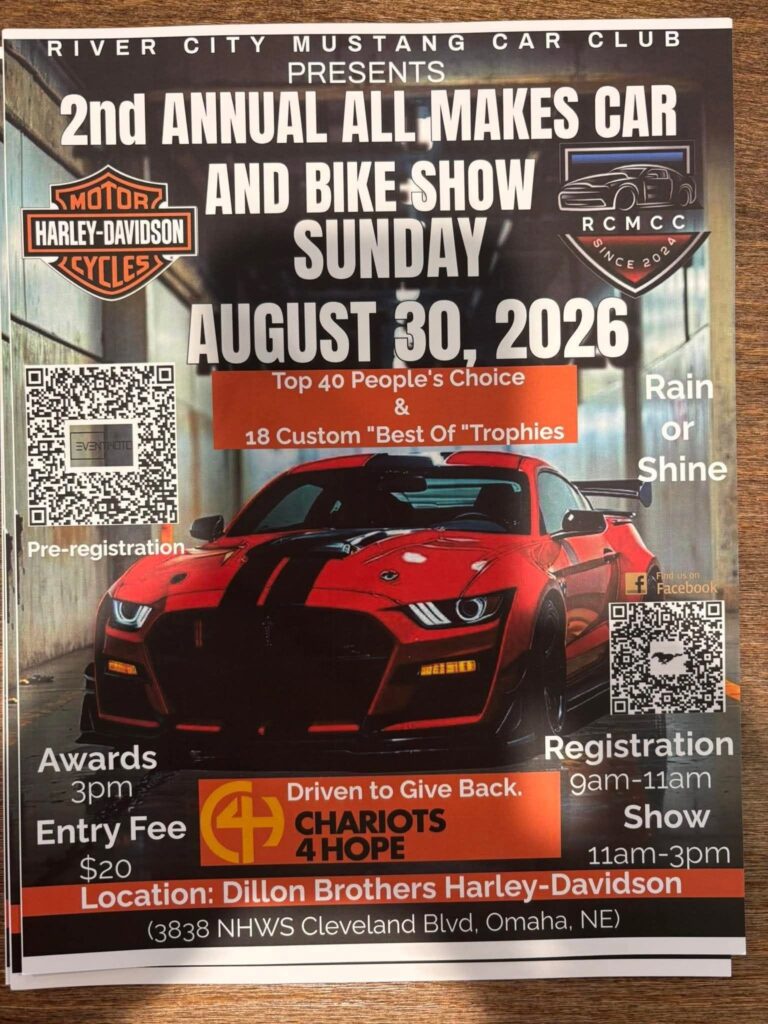 River City Mustang Car Club 2nd Annual All Makes Car Motory and Bike Show event at Dillon Brothers Harley-Davidson in Omaha, NE on August 30, 2026