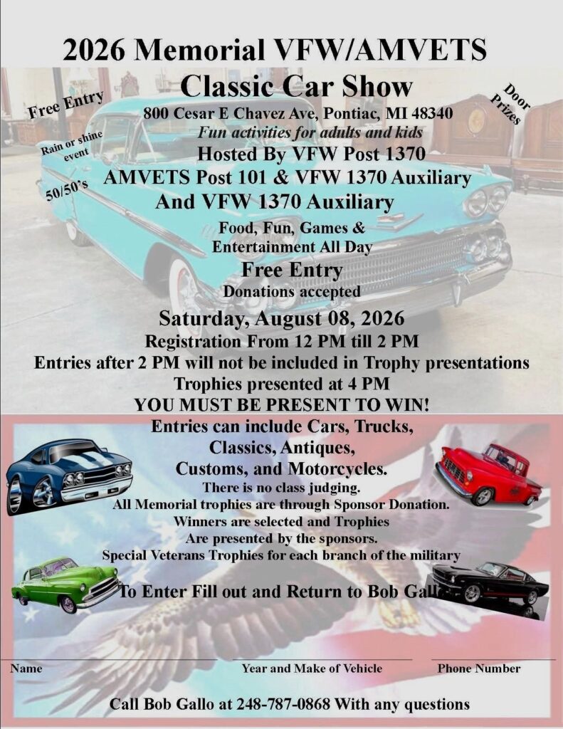 Memorial VFW/AMVETS Classic Car Show event at 800 Cesar E Chavez Ave in Pontiac, MI on August 8, 2026