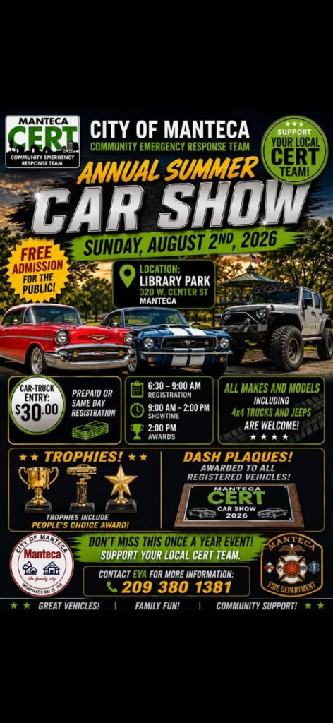 Manteca CERT Annual Summer Team Car Show event at Library Park in Manteca, CA on August 2, 2026