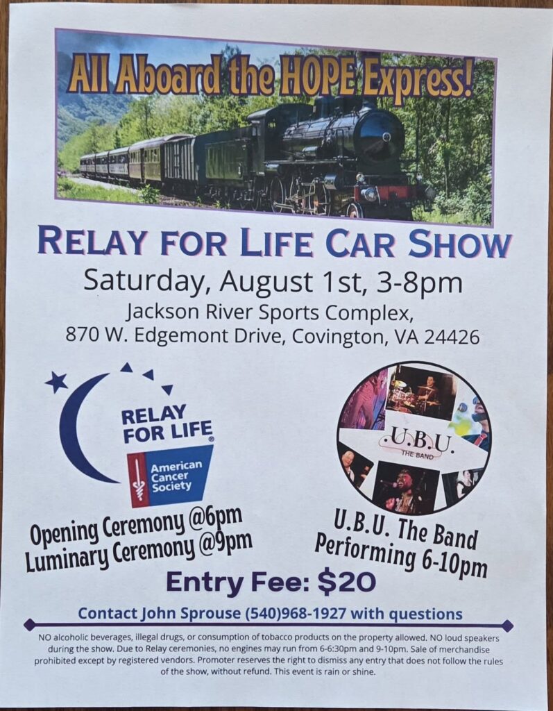 Relay for Life Car Show event at Jackson River Sports Complex in Covington, VA on August 1, 2026