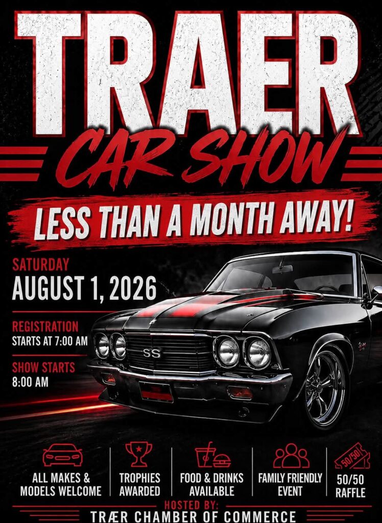 Traer Chamber of Commerce Car Show event at Traer Main Street in Traer, IA on August 1, 2026