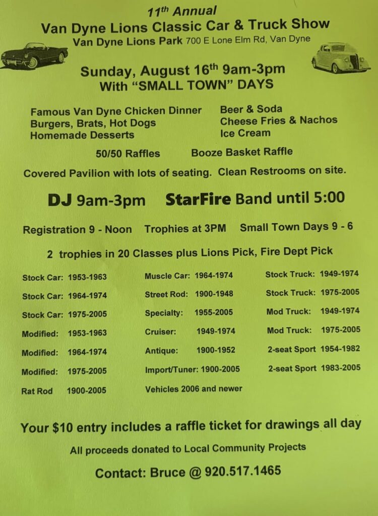 Van Dyne Lions 11th Annual Classic Car & Truck Show event at Van Dyne Lions Park in Van Dyne, WI on August 16, 2026