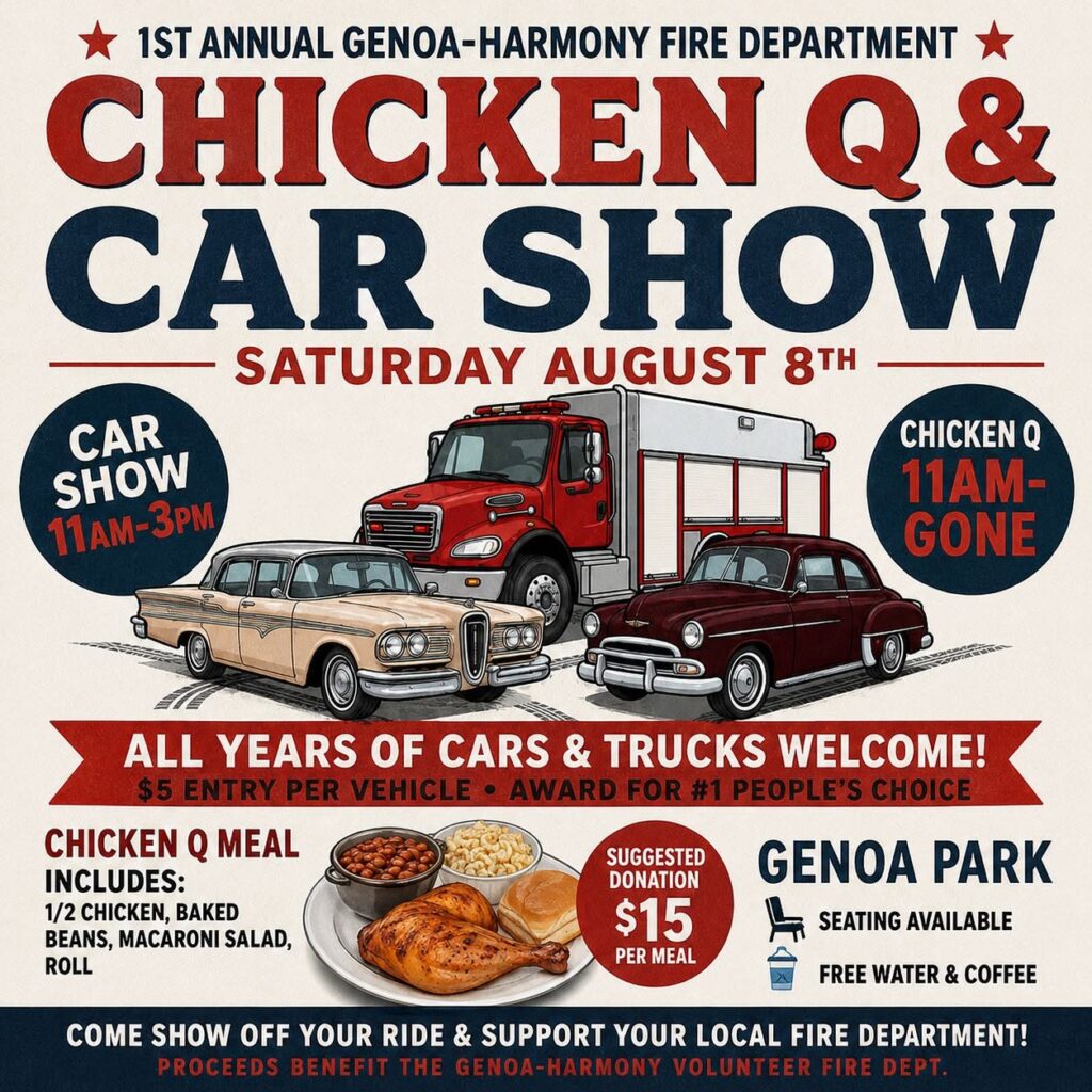 Genoa-Harmony Fire Department 1st Annual Chicken Q & Car Show event at Genoa Park in Genoa, WI on August 8, 2026