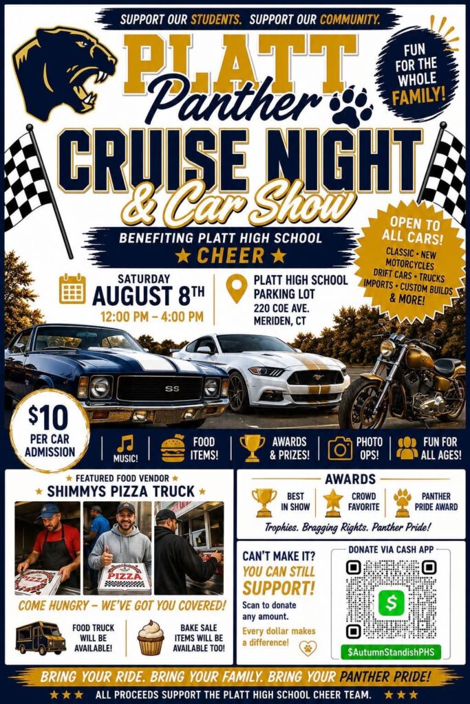 Platt Panther Cruise Night & Car Show event at Platt High School Parking Lot in Meriden, CT on August 8, 2026