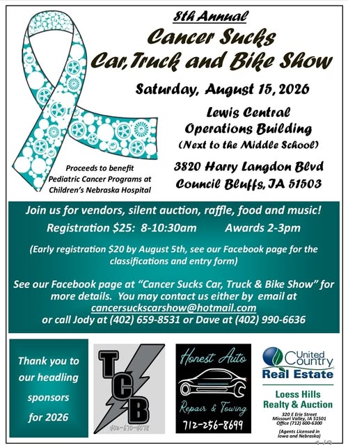 8th Annual Cancer Sucks Car, Truck and Bike Show event at Lewis Central Operations Building in Council Bluffs, IA on August 15, 2026