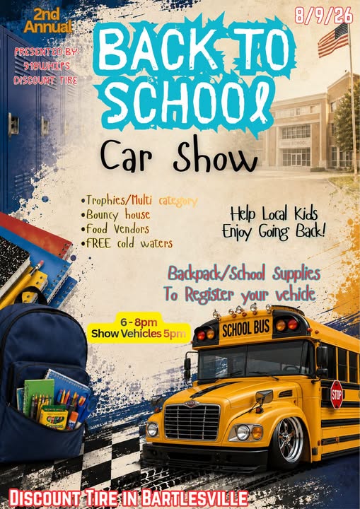 918 Whelps & Discount Tire Back to School Car Show event at Discount Tire in Bartlesville, OK on August 9, 2026