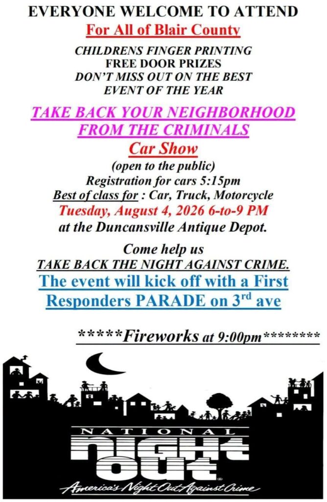 Take Back Your Neighborhood From the Criminals Car Show event at Duncansville Antique Depot in Duncansville, PA on August 4, 2026