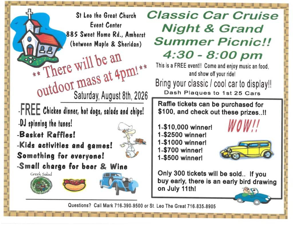 Classic Car Cruise Night & Grand Summer Picnic!! event at St. Leo the Great Church Event Center in Amherst, NY on August 8, 2026
