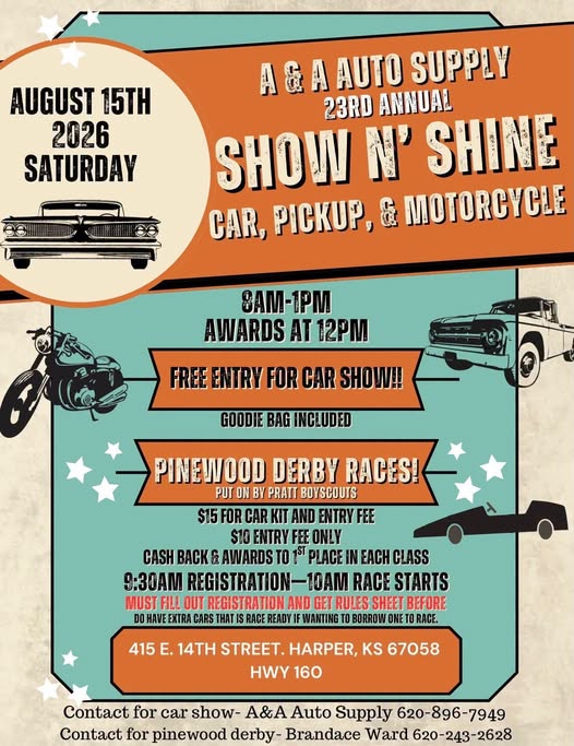 A&A Auto Supply 23rd Annual Show N' Shine event at A&A Auto Supply in Harper, KS on August 15, 2026