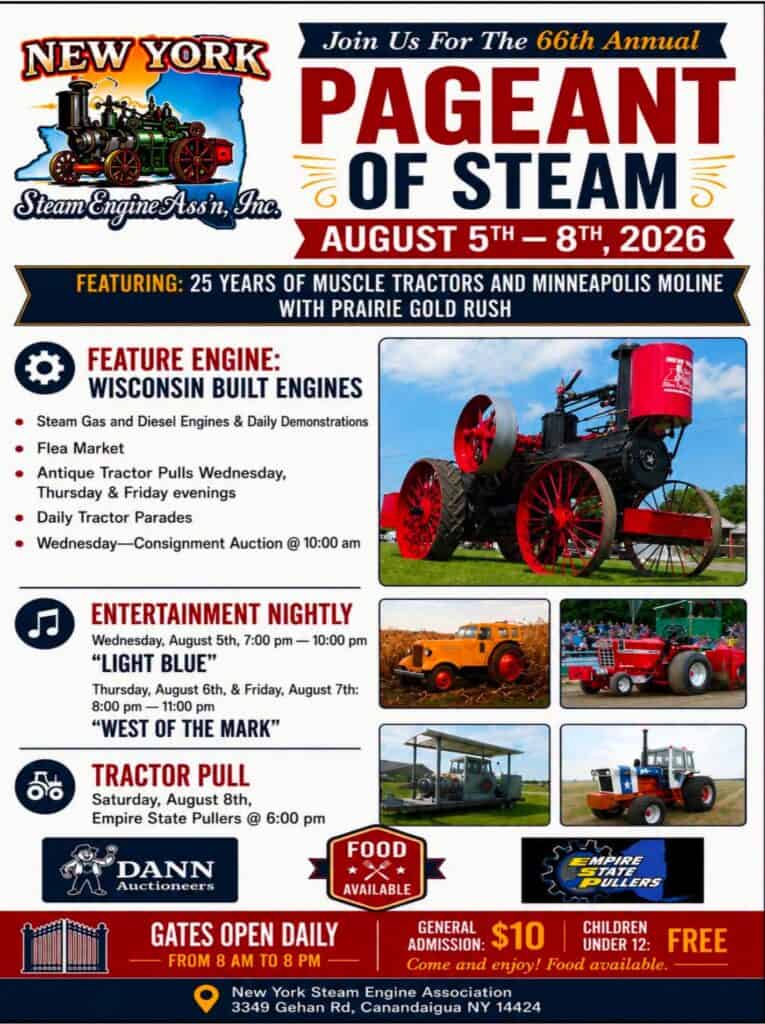 New York Steam Engine Association 66th Annual Pageant of Steam event at 3349 Gehan Rd in Canandaigua, NY on August 5, 2026